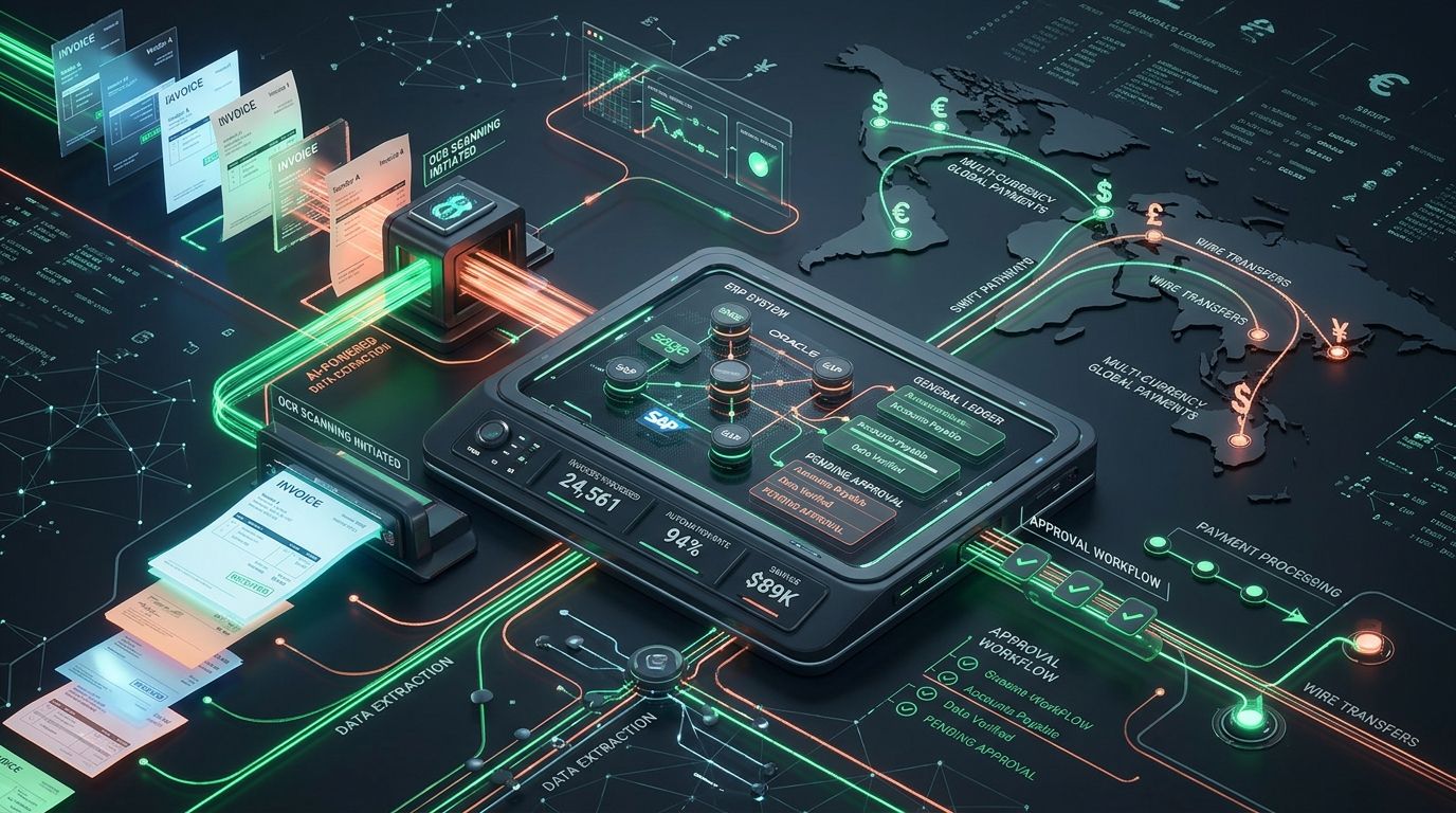 Enterprise Accounts Payable AP automation software illustration with AI invoice scanning and ERP payment rails