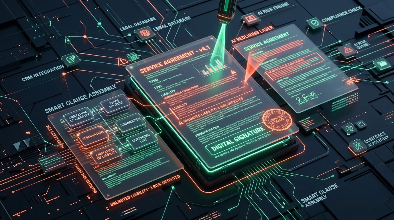 Enterprise contract automation software architecture with AI redlining and cryptographic digital signatures