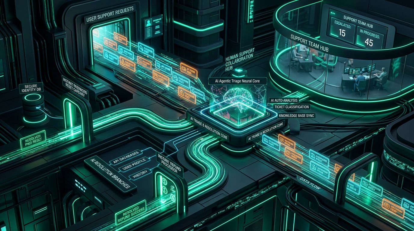 Enterprise AI helpdesk automation architecture with autonomous ticket triage and resolution