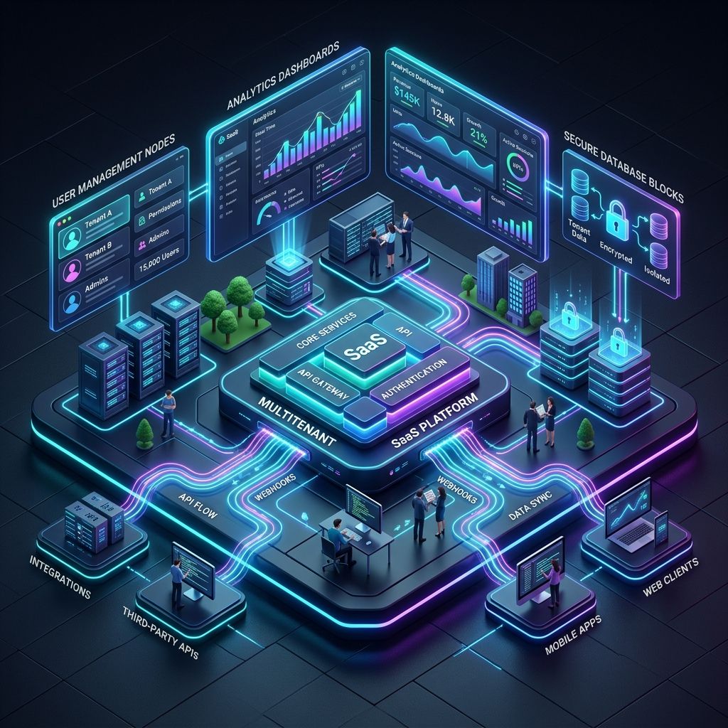 Automated onboarding software architecture diagram with multi-tenant SaaS platform, user management nodes, and automated API provisioning