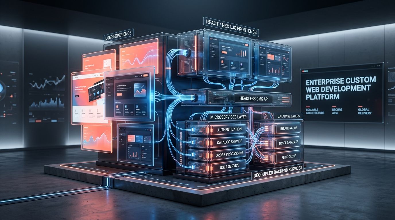 Enterprise custom web development architecture and decoupled tech stack illustration