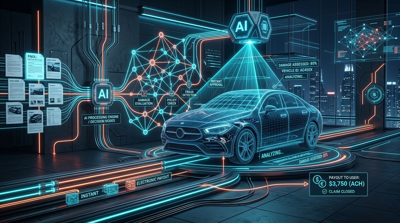 Automated insurance claims processing architecture with AI computer vision damage assessment and real-time electronic payouts