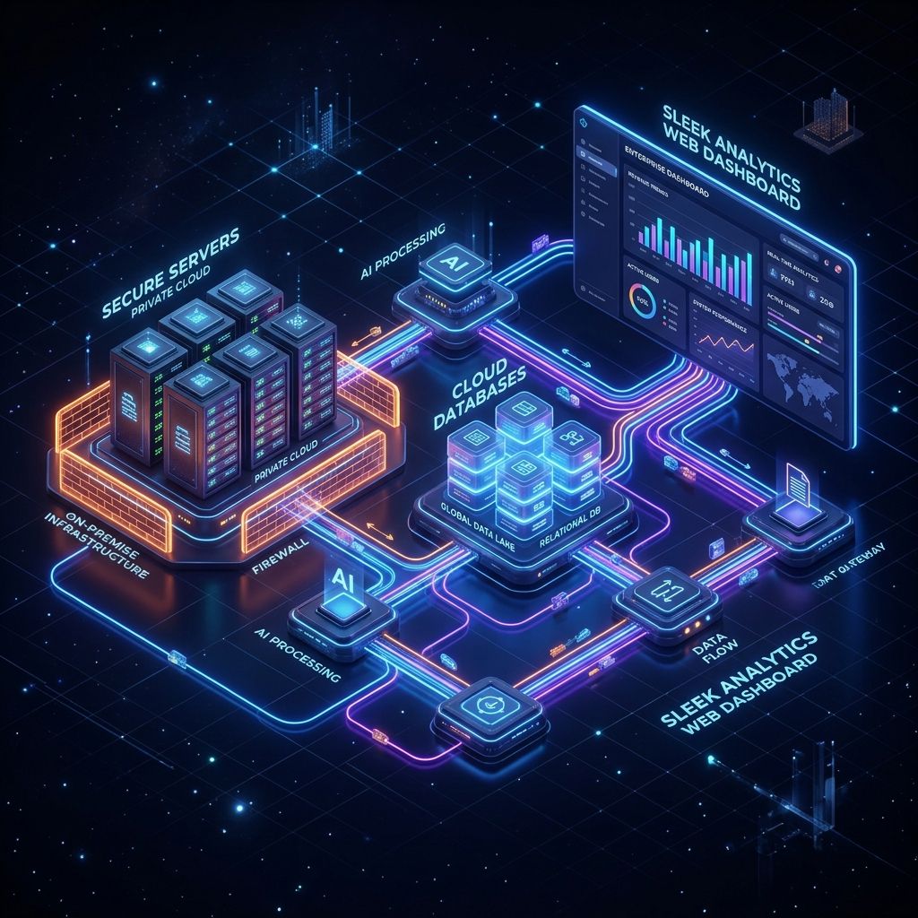 Professional Services Automation PSA software architecture diagram with analytics web dashboards, cloud databases, and AI processing