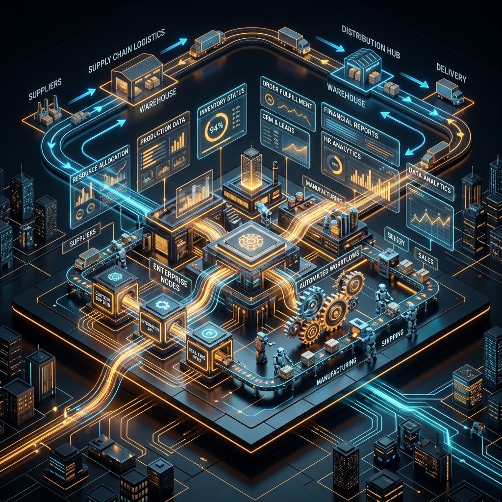 Purchase order automation software architecture diagram with supply chain logistics, automated workflows, and ERP integration