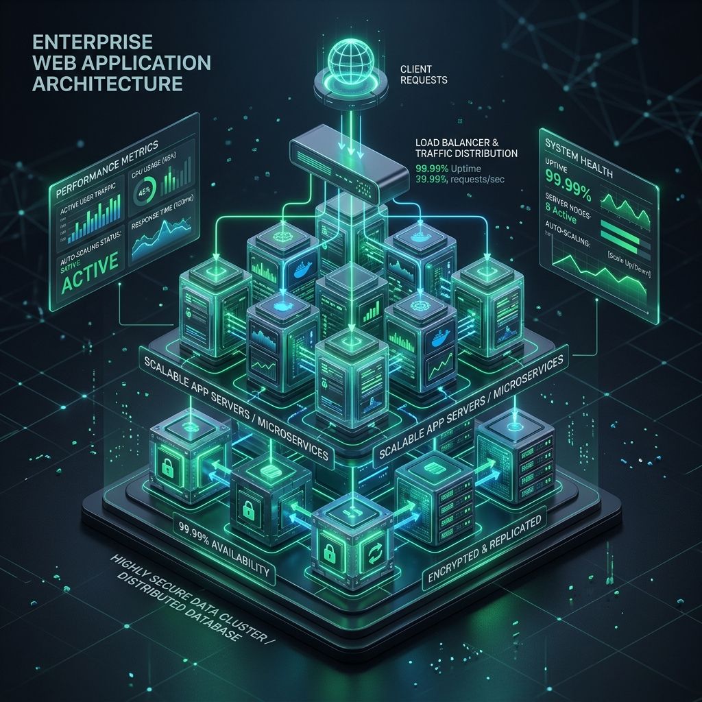 Enterprise AI customer service software architecture with load balanced microservices, secure database clusters, and autonomous agent execution