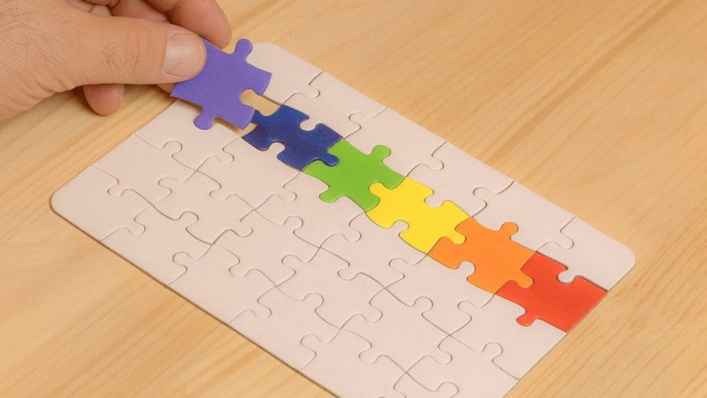 interlocking puzzle pieces, each labeled with a conceptual cost area (e.g., "Content Strategy," "Security," "API Integration").